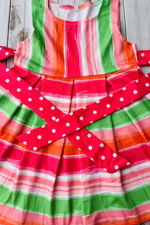Mutli color stripes printed sleeveless girls dress with belt DLH2888