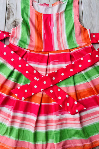 Mutli color stripes printed sleeveless girls dress with belt DLH2888