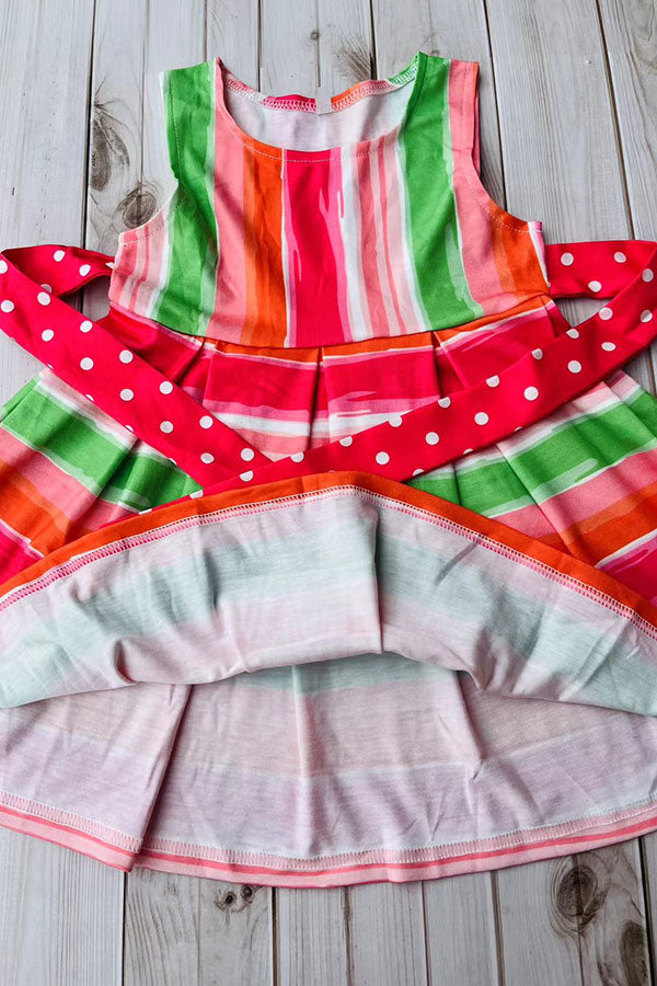 Mutli color stripes printed sleeveless girls dress with belt DLH2888