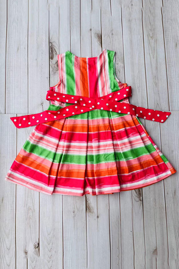 Mutli color stripes printed sleeveless girls dress with belt DLH2888
