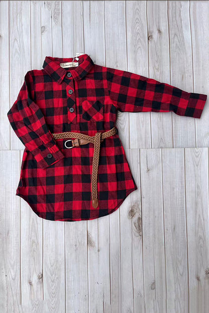 Christams Red black checkered long sleeve girls dress with pocket & belt XCH03030