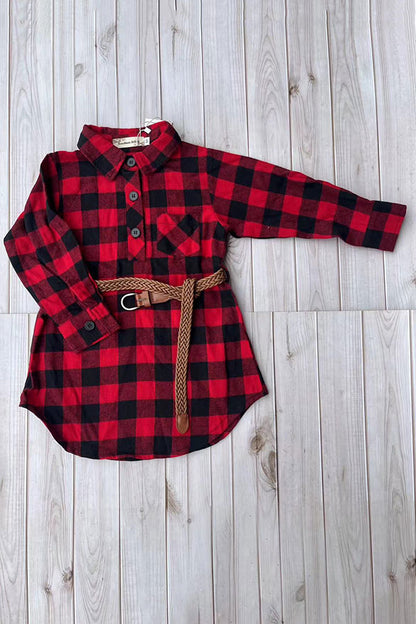 Christams Red black checkered long sleeve girls dress with pocket & belt XCH03030