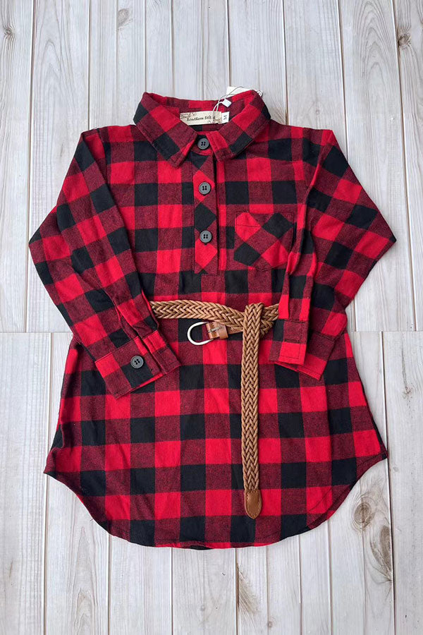 Christams Red black checkered long sleeve girls dress with pocket & belt XCH03030