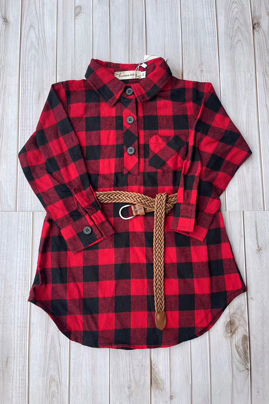 Christams Red black checkered long sleeve girls dress with pocket & belt XCH03030