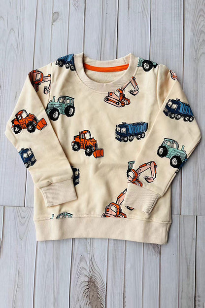 Restock--Excavator prints long sleeve cream boys sweatshirt 250930M