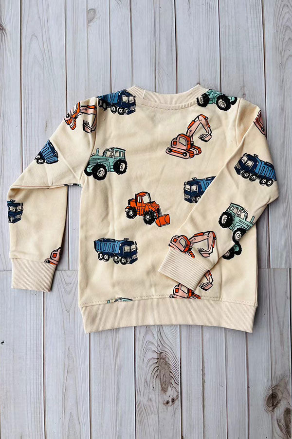 Restock--Excavator prints long sleeve cream boys sweatshirt 250930M