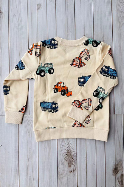 Restock--Excavator prints long sleeve cream boys sweatshirt 250930M