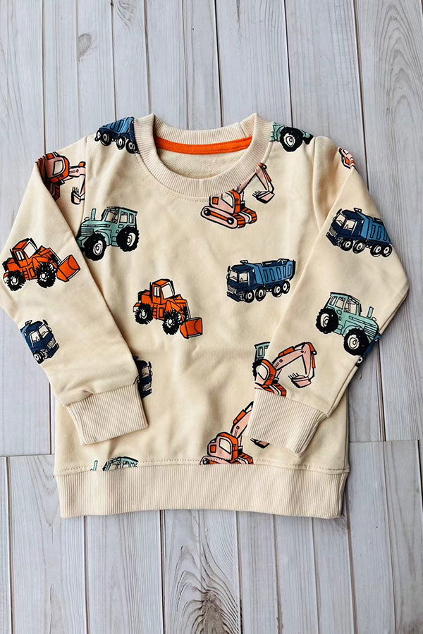 Restock--Excavator prints long sleeve cream boys sweatshirt 250930M