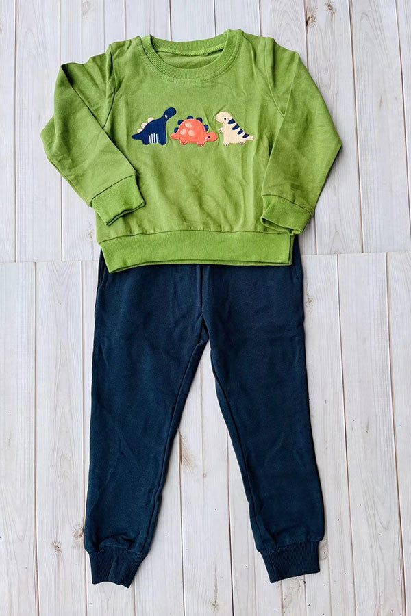 Dinosaur embroidery green top & navy blue pant 2pc boy sets 250925M