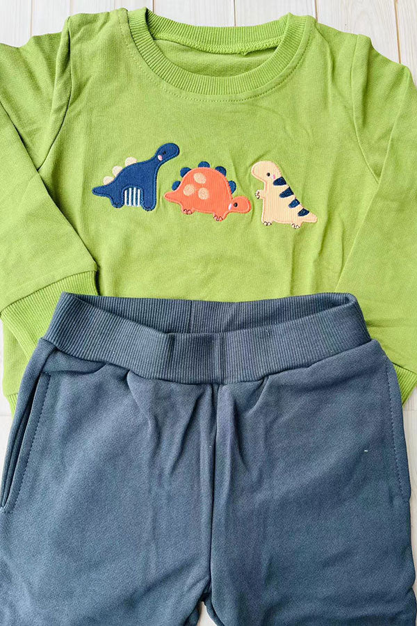 Dinosaur embroidery green top & navy blue pant 2pc boy sets 250925M