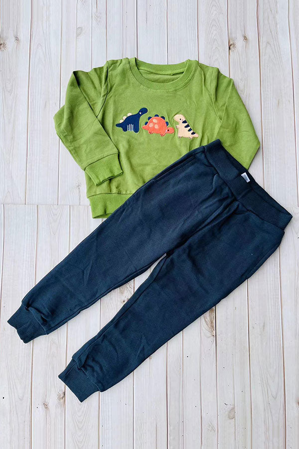 Dinosaur embroidery green top & navy blue pant 2pc boy sets 250925M