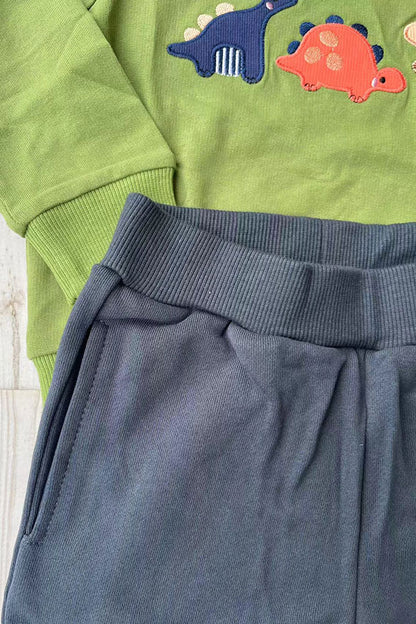 Dinosaur embroidery green top & navy blue pant 2pc boy sets 250925M