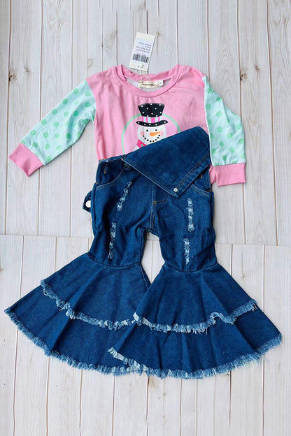 Christmas snowman printed pink long sleeve girls t-shirt XCH01017