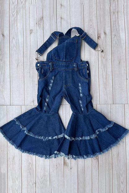 Restock--One piece adjustable washed blue denim fabric double ruffle girls jeans 250932M
