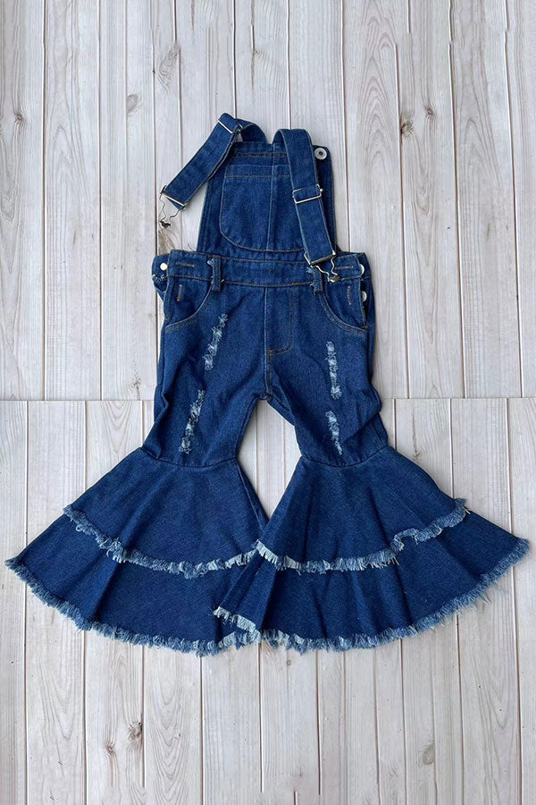 Restock--One piece adjustable washed blue denim fabric double ruffle girls jeans 250932M