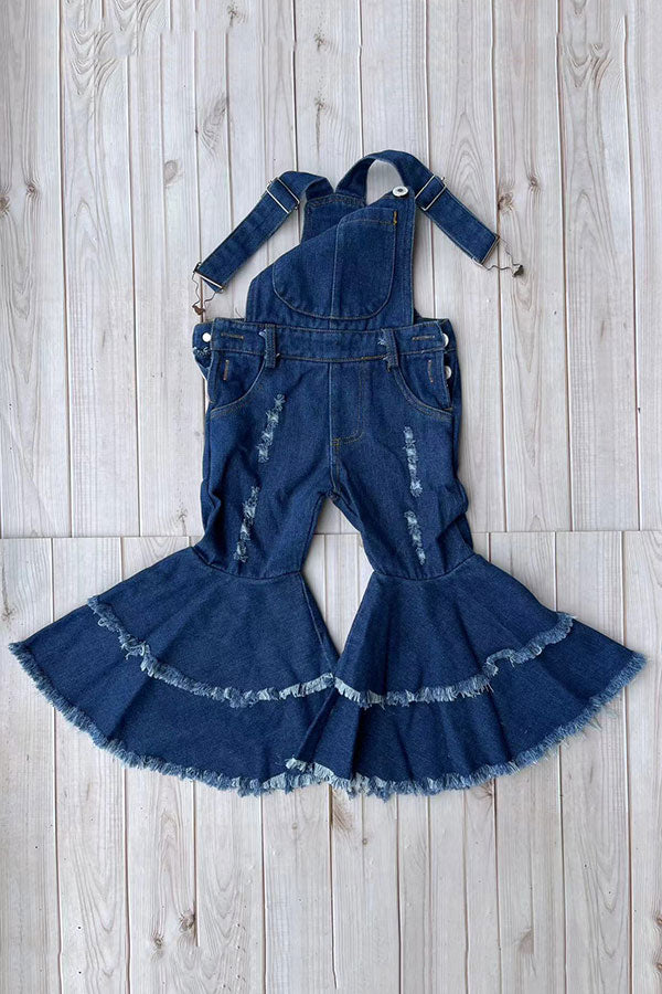 Restock--One piece adjustable washed blue denim fabric double ruffle girls jeans 250932M