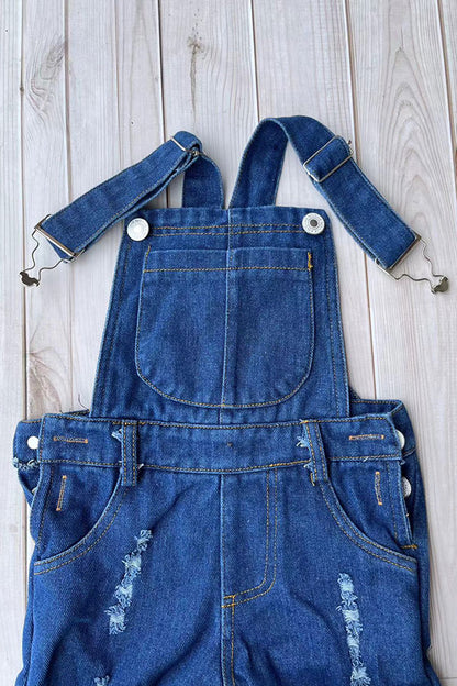 Restock--One piece adjustable washed blue denim fabric double ruffle girls jeans 250932M