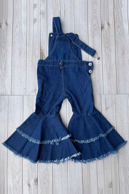 Restock--One piece adjustable washed blue denim fabric double ruffle girls jeans 250932M