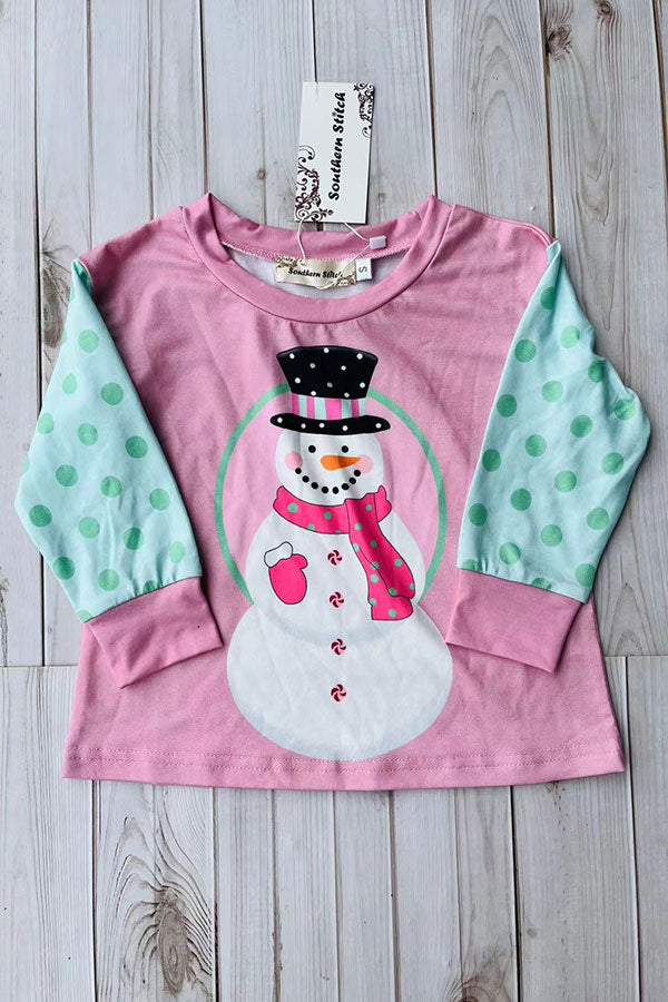 Christmas snowman printed pink long sleeve girls t-shirt XCH01017