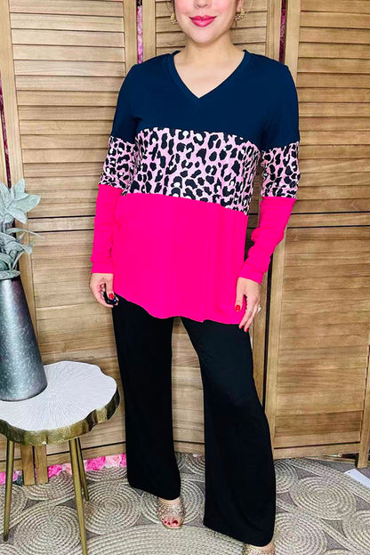 Navy blue & Leopard & Hot pink color block long sleeve women top BQ14198