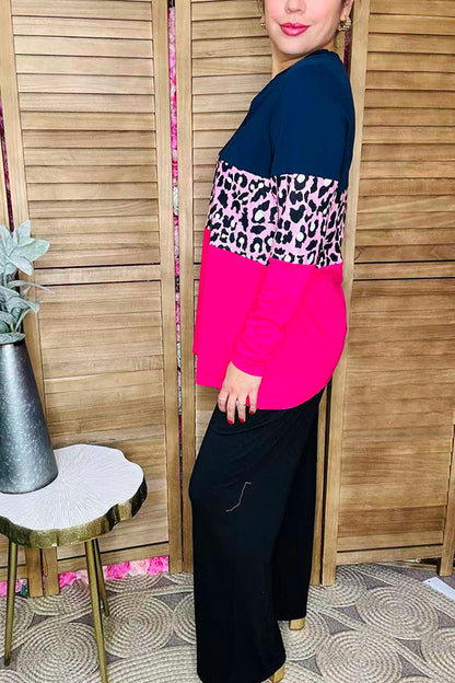 Navy blue & Leopard & Hot pink color block long sleeve women top BQ14198