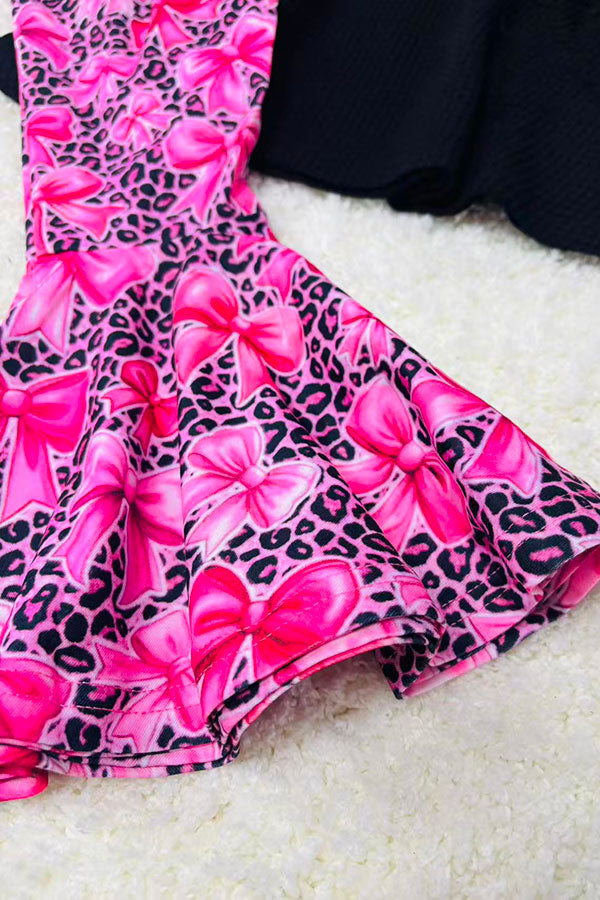 Knitted black long sleeve top bows printed pink pant 2pcs girls sets XCH04040