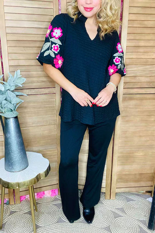 Floral embroidery puff sleeves black textured women blouse XCH16529