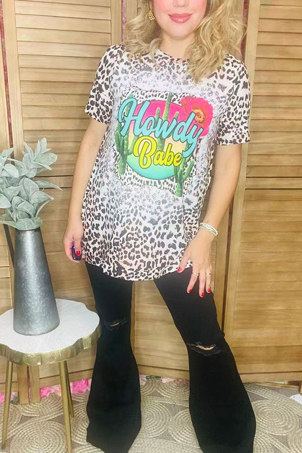 HOWDY BABE leopard & cactus printed short sleeve t-shirt XCH12575