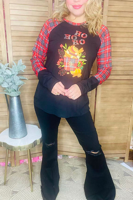 HO HO HO Cute cup of tea printed black women t-shirt w/plaid long sleeves DLH10183