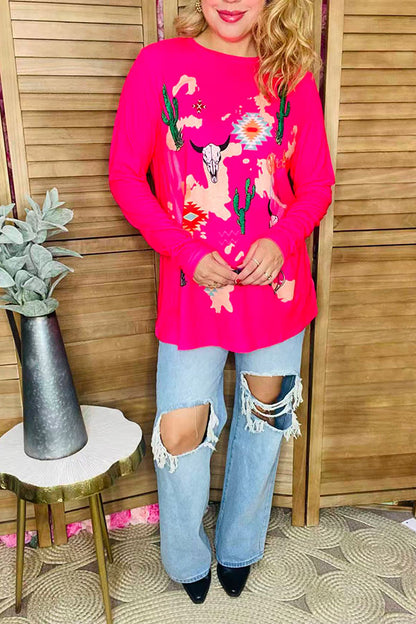 Cactus & bull skull western printed fuchsia long sleeves women tops XCH14126