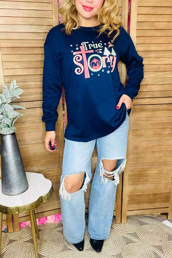 Christmas "True story"blue long sleeve women blouse XCH15762