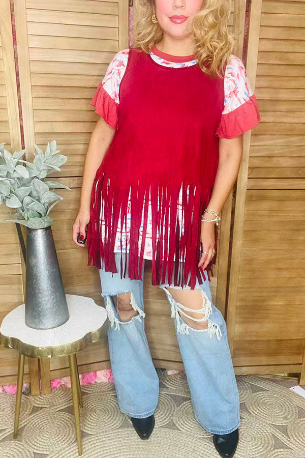 Suede burgundy women tank top w/fringe tassels GJQ13295