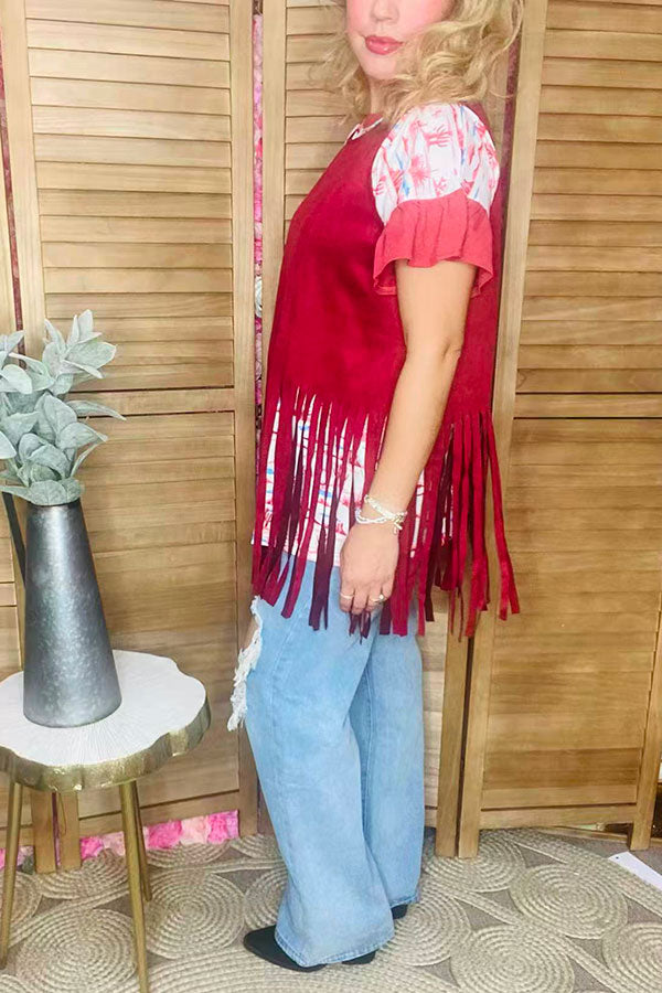 Suede burgundy women tank top w/fringe tassels GJQ13295