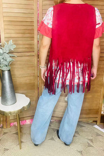 Suede burgundy women tank top w/fringe tassels GJQ13295