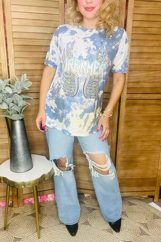 Dream feather printed blue tie dye short sleeve women t-shirt DLH13947