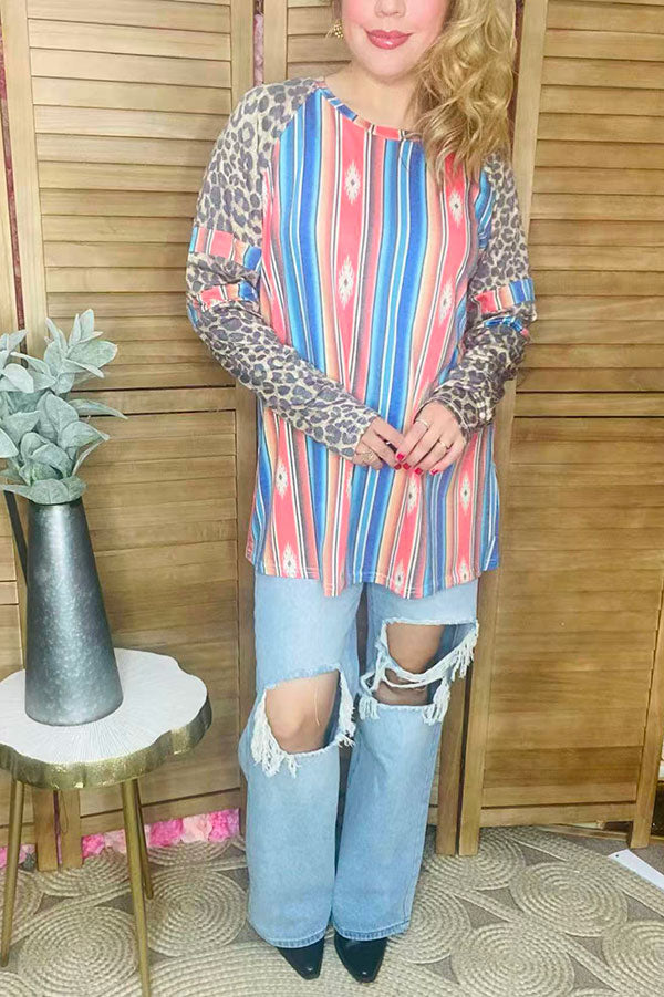 Multi color serape w/leopard printed long sleeves women top BQ10306