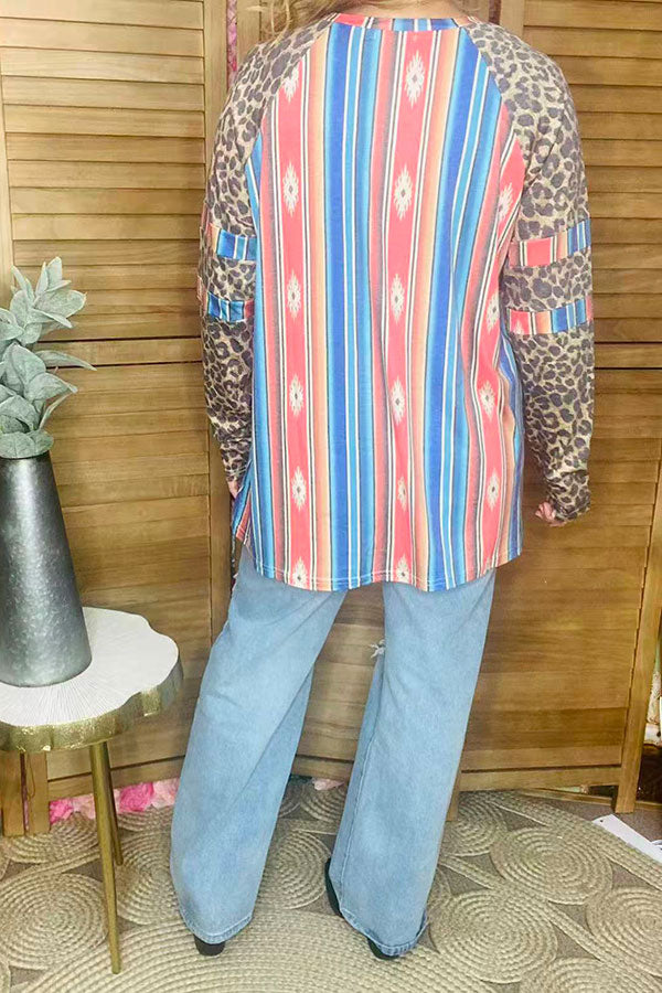 Multi color serape w/leopard printed long sleeves women top BQ10306