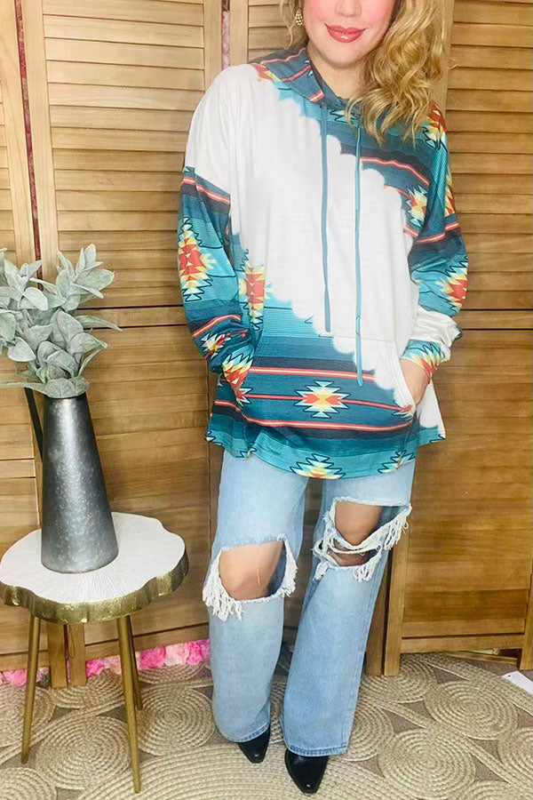 Aztec printed long sleeve women hoodie top w/front pocket XCH11463