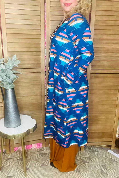Aztec/leopard printed long duster women cardigan YMY9874