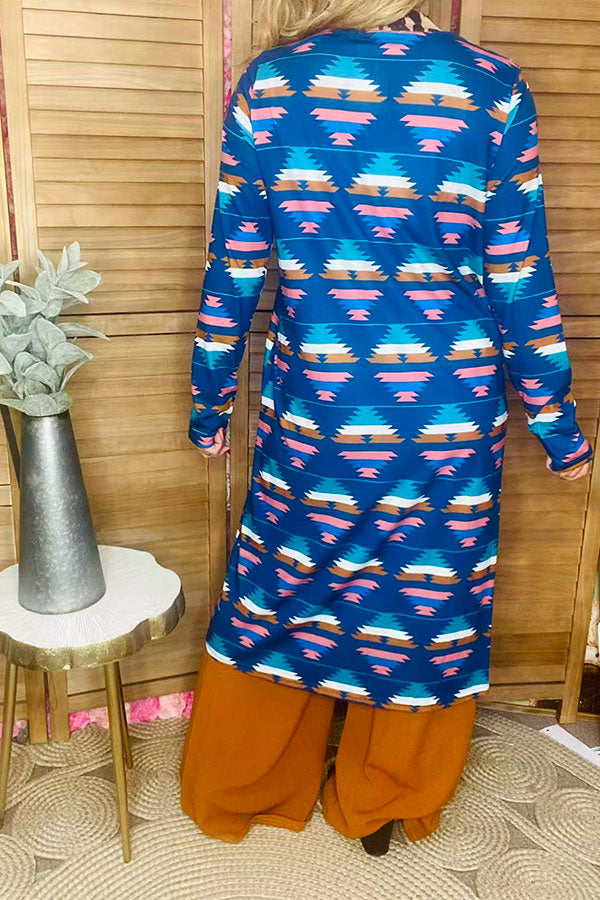 Aztec/leopard printed long duster women cardigan YMY9874
