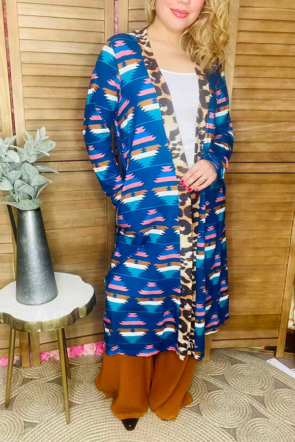 Aztec/leopard printed long duster women cardigan YMY9874