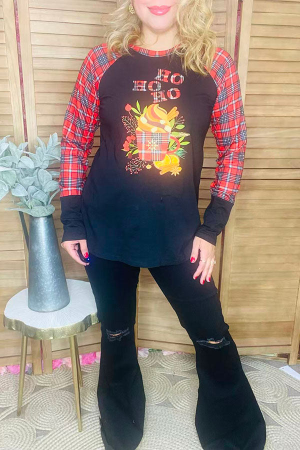 HO HO HO Cute cup of tea printed black women t-shirt w/plaid long sleeves DLH10183