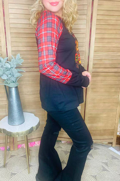 HO HO HO Cute cup of tea printed black women t-shirt w/plaid long sleeves DLH10183