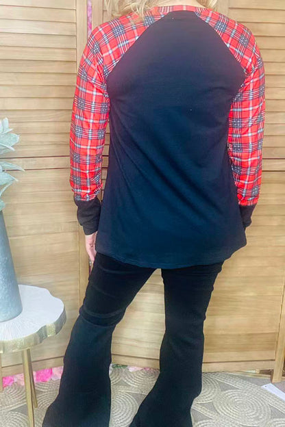 HO HO HO Cute cup of tea printed black women t-shirt w/plaid long sleeves DLH10183