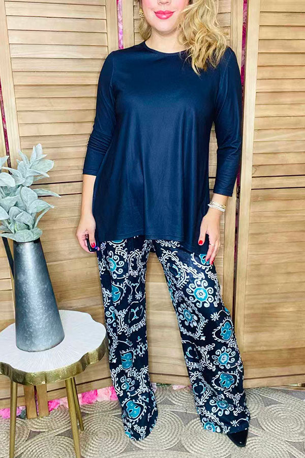 Blue 3/4 sleeve top & paisley printed pant 2pcs women sets GJQ15672