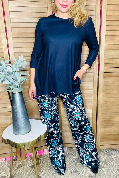 Blue 3/4 sleeve top & paisley printed pant 2pcs women sets GJQ15672