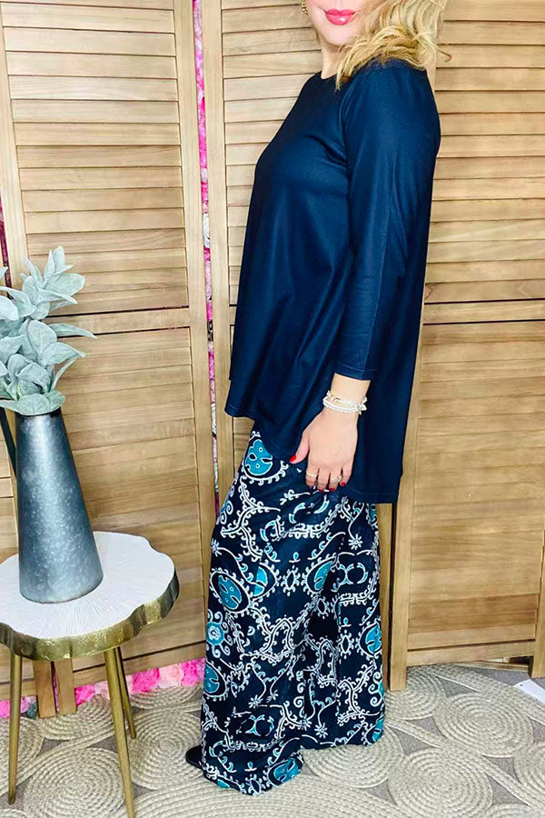 Blue 3/4 sleeve top & paisley printed pant 2pcs women sets GJQ15672