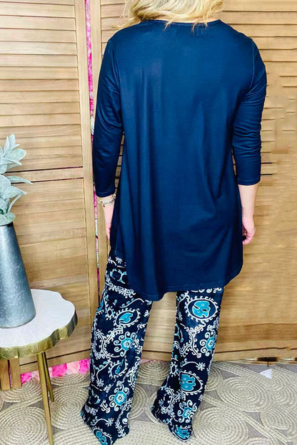 Blue 3/4 sleeve top & paisley printed pant 2pcs women sets GJQ15672