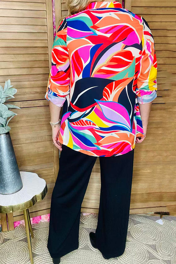 Multi color paisley printed 3/4 sleeve w/band V-neckline women blouse XCH15615