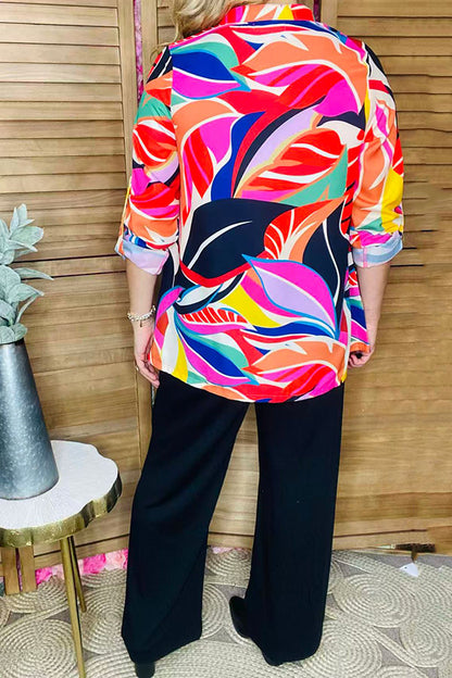 Multi color paisley printed 3/4 sleeve w/band V-neckline women blouse XCH15615